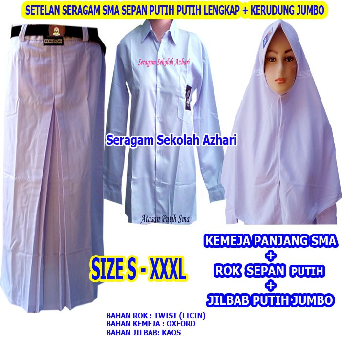 SETELAN SEPAN PUTIH PUTIH SERAGAM SMA PEREMPUAN LENGKAP KERUDUNG-SERAGAM SEKOLAH SMA-SERAGAM SEKOLAH