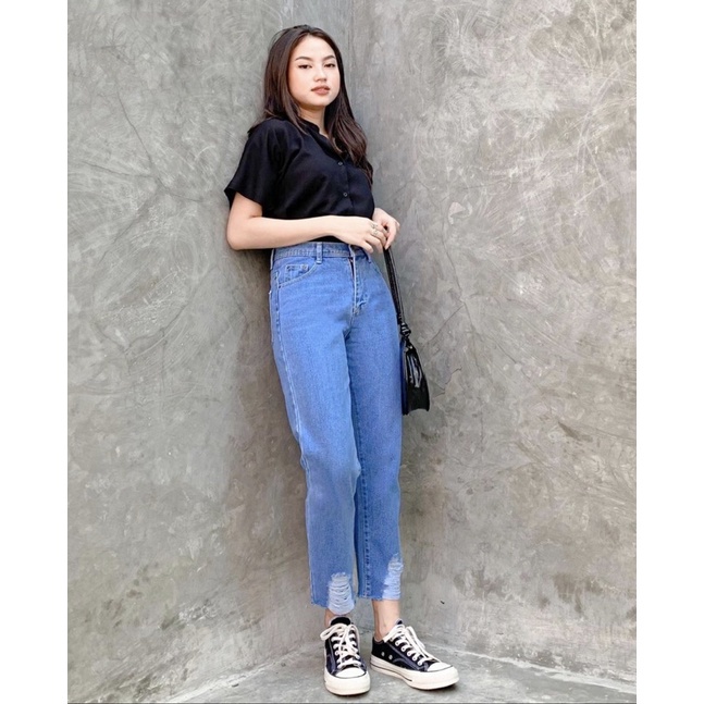 Dazina Boyfriend Jeans Denim Ripped lower Bahan Tebal Premium