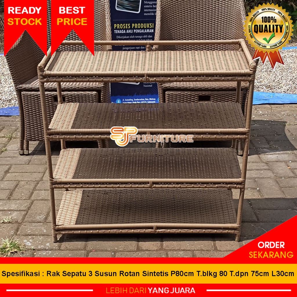 ▶️READY STOK▶️ Rak Sepatu 4 Susun Rotan Sintetis [Rangka Aluminium] P80cm T.blkg 80 T.dpn 75cm L30cm