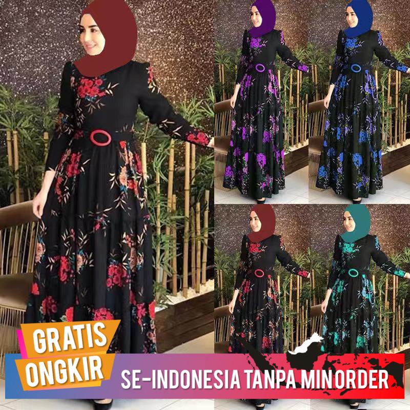 Gamis Wanita Import Muslim New Mid Waist Color Temperament Commuting Four Side Elastic Print Plush D