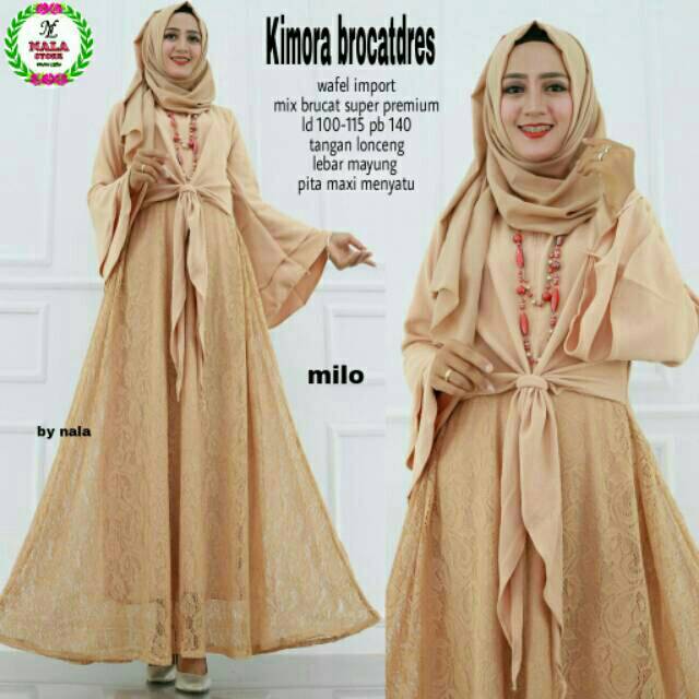 Kimora Brokat Dress Modern Gamis Kondangan Mat Wolycrepe Long Dress Formal DustyPink Navy Milo Nala