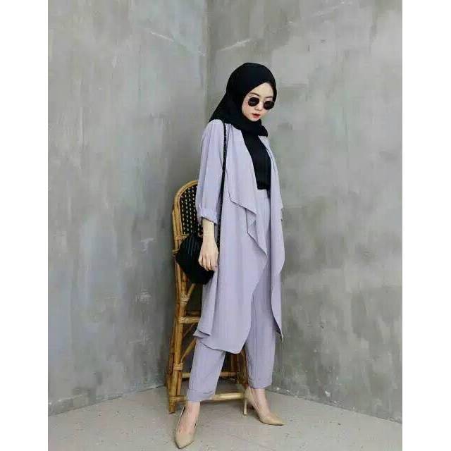 SET CARDI CELANA  LIVIOR 2IN1, MOSCREPE, GAMIS HIJAB MUSLIM, CARDIGAN, SETELAN