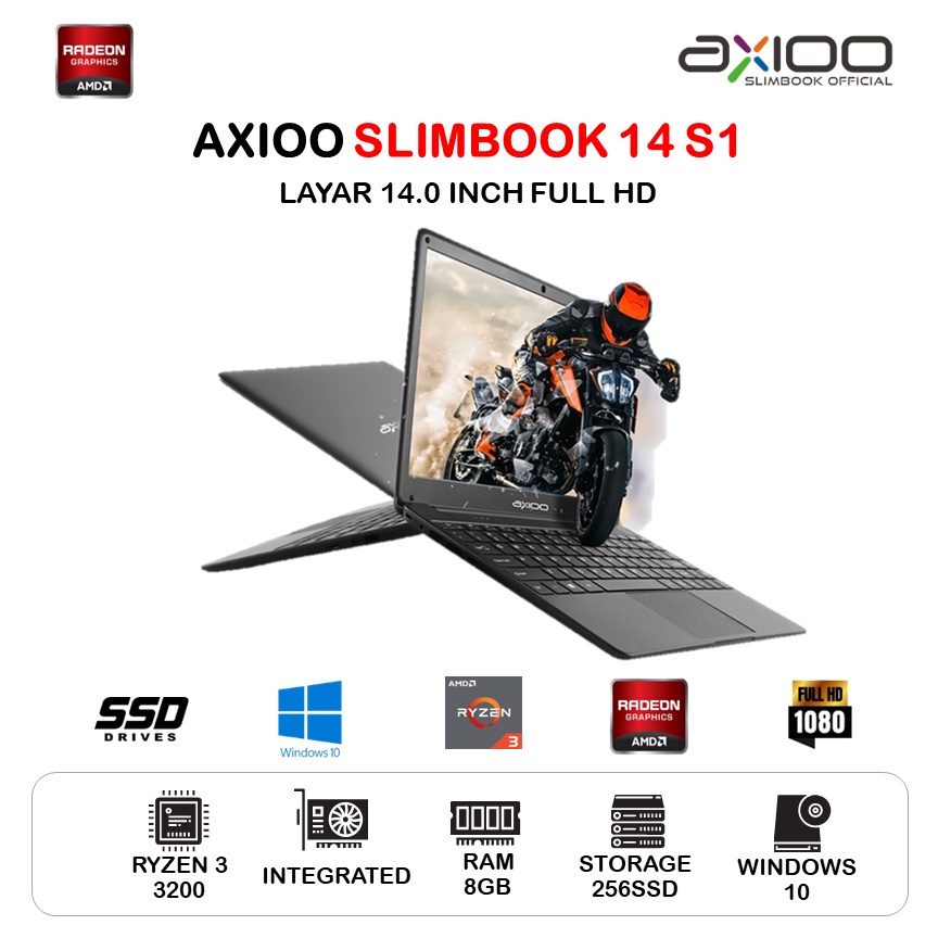 LAPTOP AXIOO SLIMBOOK 14 S1 RYZEN 3 3200 RAM 8GB 256GB SSD VEGA3 W10PRO 14.0FHD GRY -21RBNRM610P