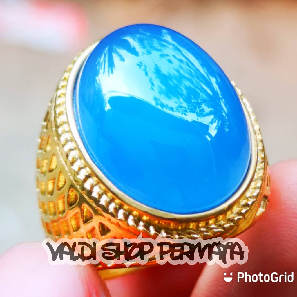 Cincin Batu Akik Asli Natural Blue Spyrtus Biru Langit Chalchedony Kristal Szie Kantoran Titanium Ri