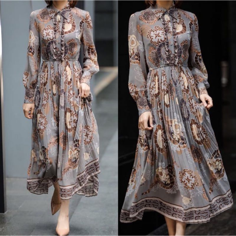 Baju dress maxi muslim plisket prisket pleated motif sultan dress pesta daily wear kondagan lebaran 