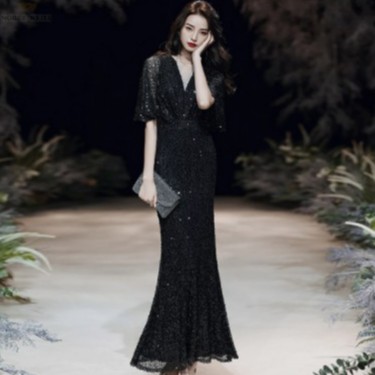 Gaun prom evening dress hitam V-neck party dresses