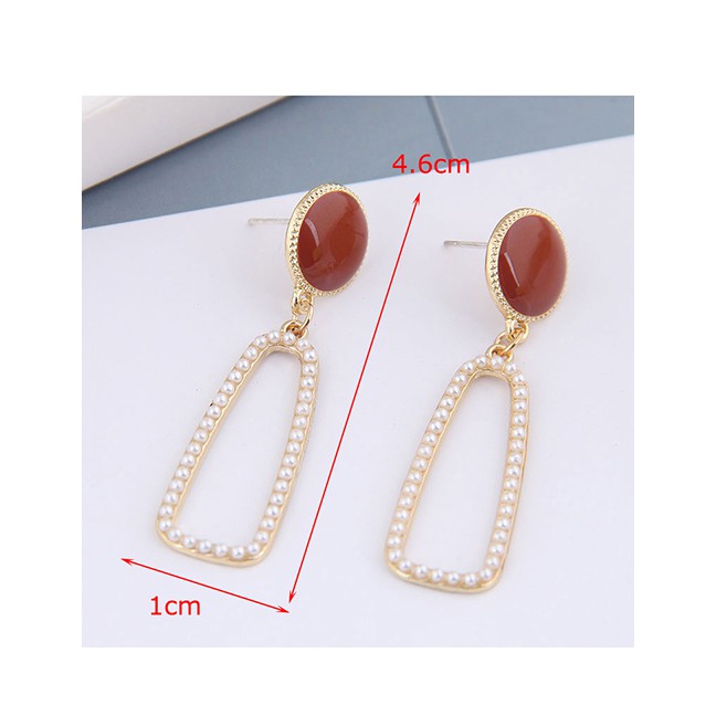 LRC Anting Tusuk Fashion Pink Pearl Drop Oil Geometric Alloy Earrings A61792