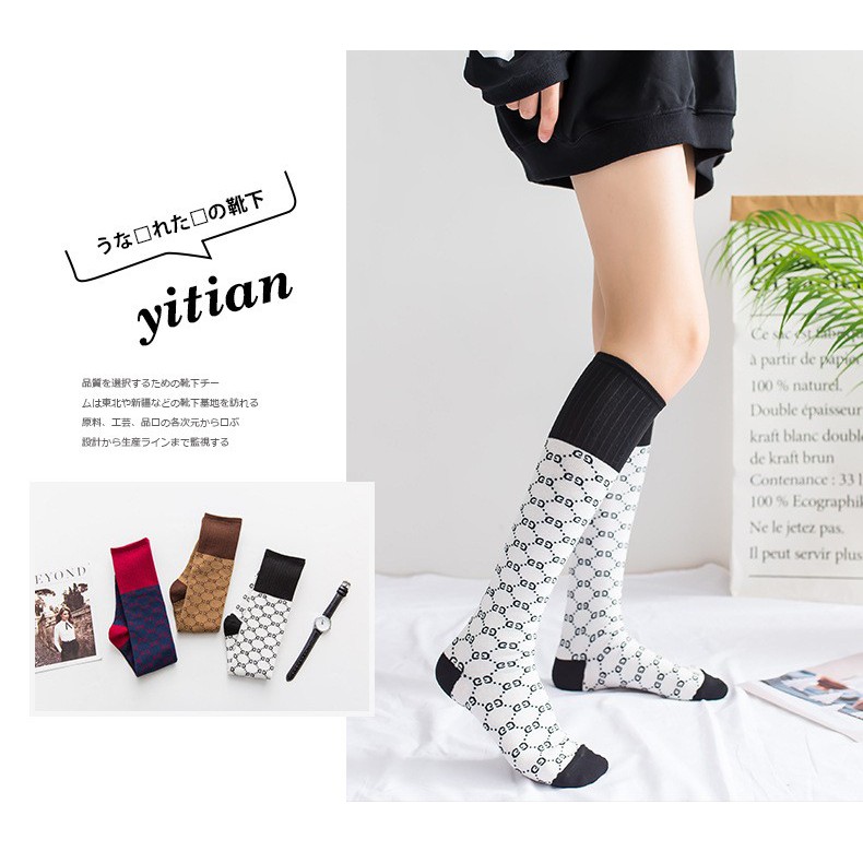 KK-57 kaos kaki wanita sebetis cotton tebal branded korea motif socks