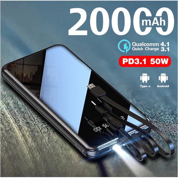 powerbank 20000mah 4 cables fast charging full capacity mini dual usb portable digital display led