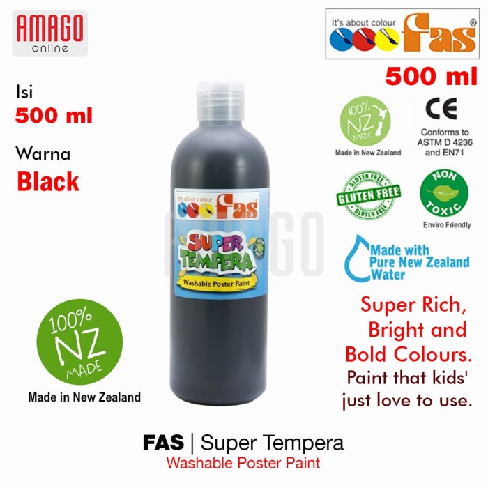 FAS - SUPER TEMPERA WASHABLE POSTER PAINT - 500 ml - BLACK - 099