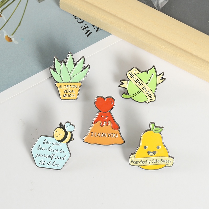 Funny Phrases Banner Enamel Pin Lava Bee Leaf Pear Aloe Brooch Badges Cartoon Plants Jewelry Gift