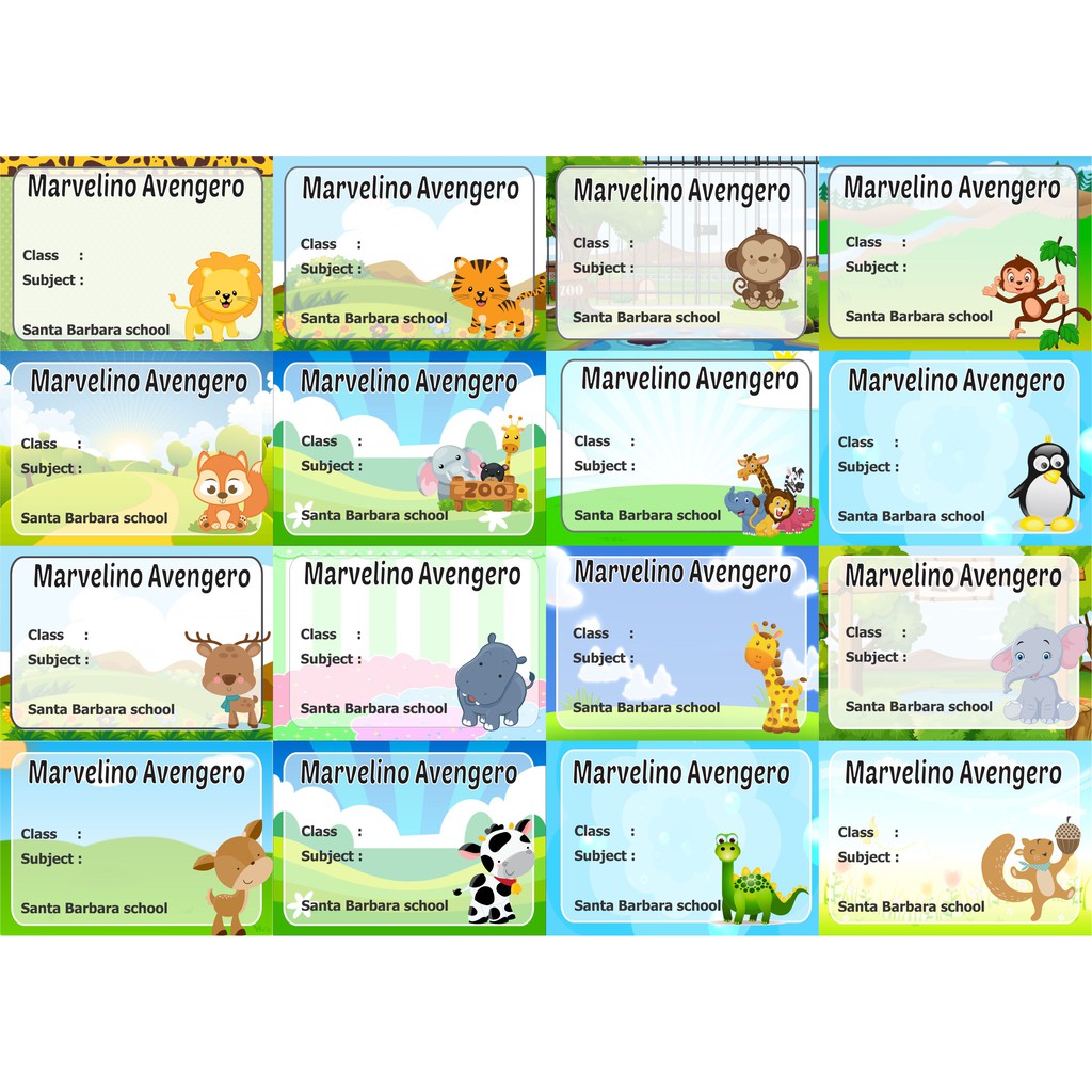 

Animal Label stiker buku nama kelas mapel custom