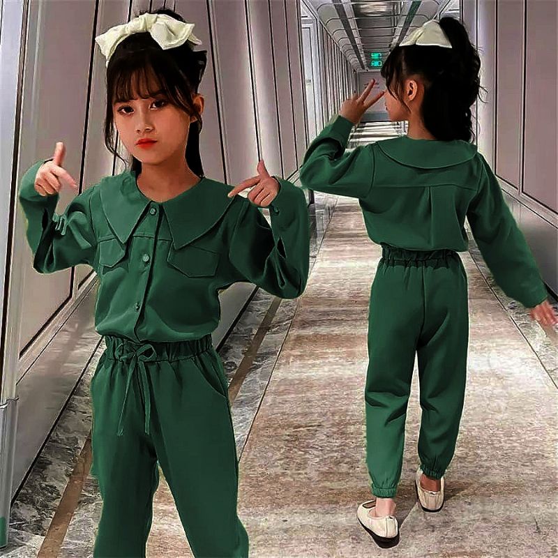 Stelan Kemeja Anak Perempuan Import korea 3-11 Tahun/Lengan Panjang Celana Panjang/Set Jennie Kids Matt Moscrepe