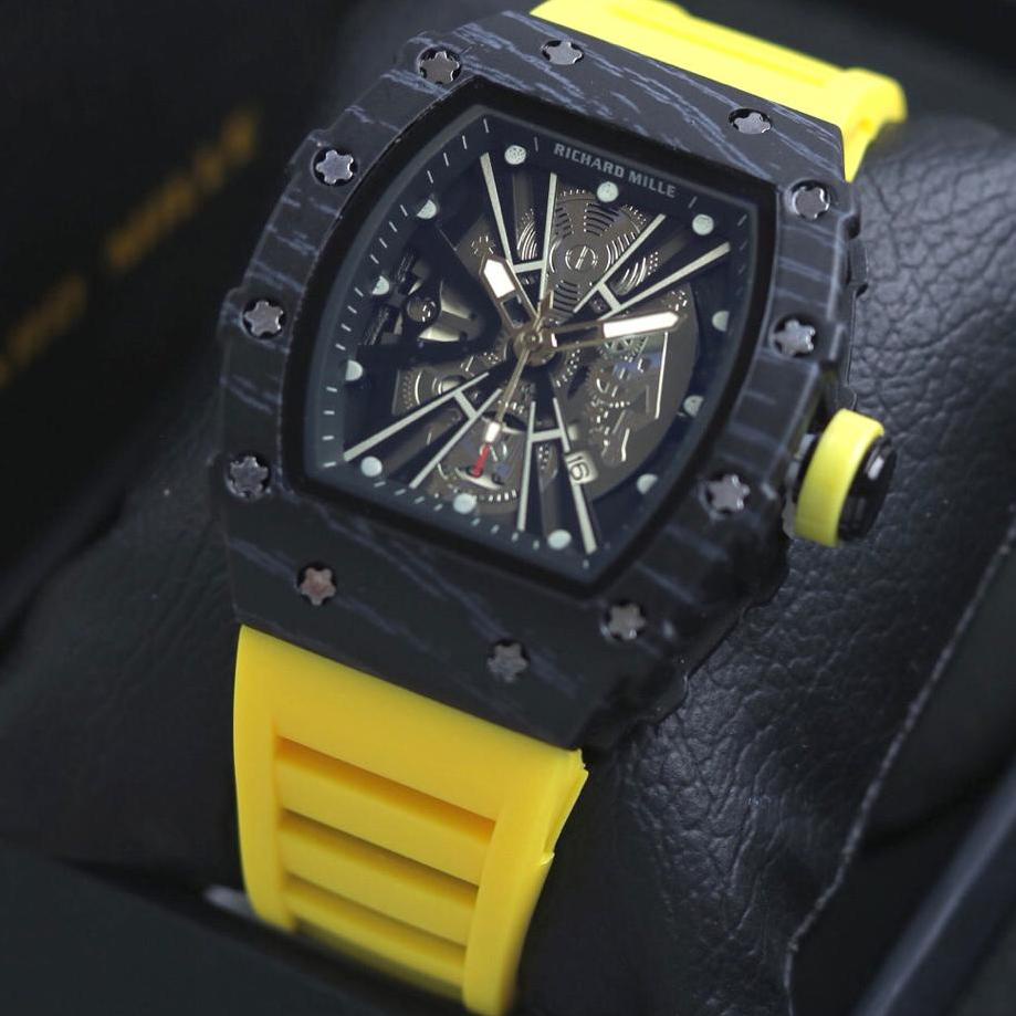 Oke Price.. Jam Tangan Pria Rm Tali Rubber Body Carbon Chrono Variasi Tanggal Aktif Box Exclusive