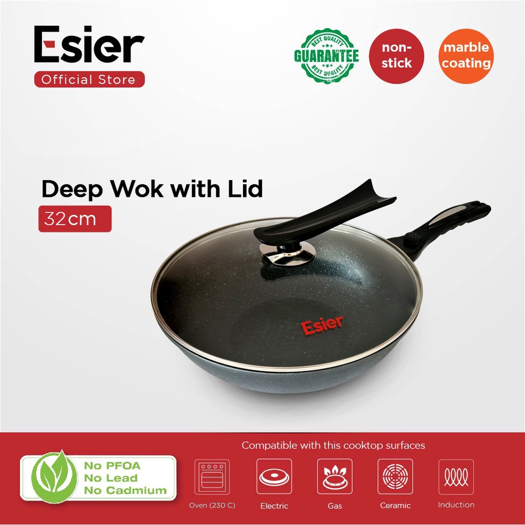 Esier Nero Deep Wok 32 cm with Lid - Wok / Wajan Marble dgn Tutup Kaca