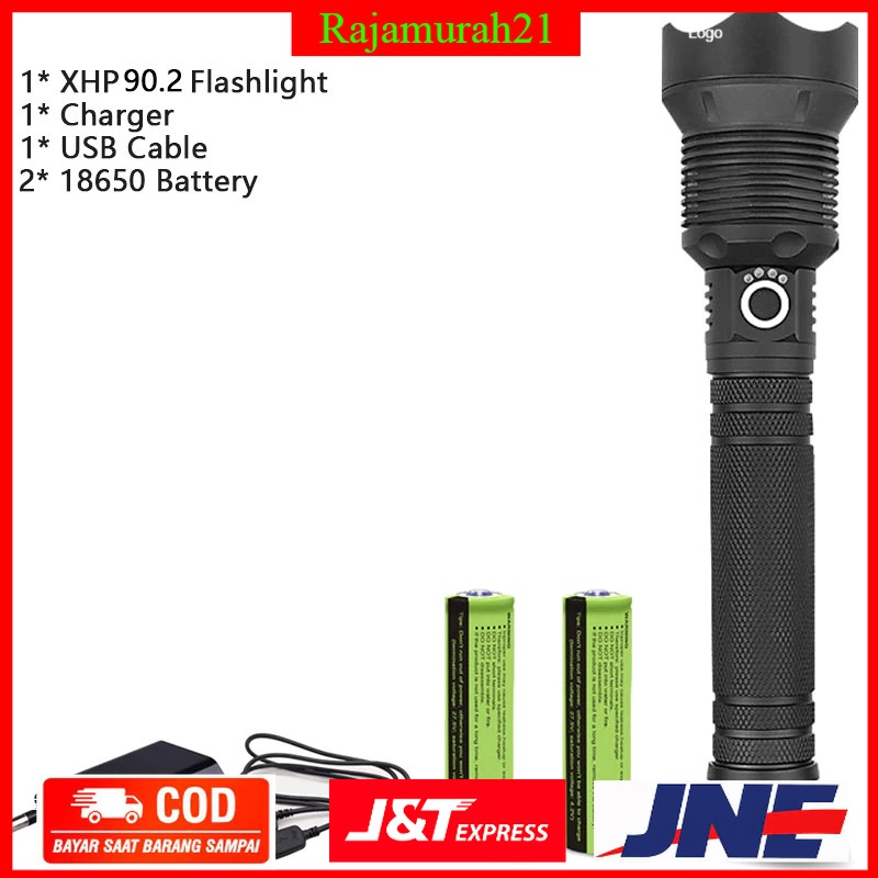 XLAMP Senter LED Flashlight USB Rechargeable XHP90.2 with 2x18650 + EU Adaptor - 7RFL2BBK - Black