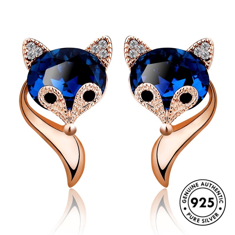 Anting Tusuk Motif Rubah Lucu Bahan Sterling Silver 925 Warna Rose Gold Untuk Wanita