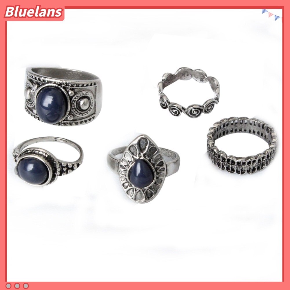 Bluelans 5Pcs Bohemian Vintage Blue Stone Alloy Finger Ring Women Charming Jewelry