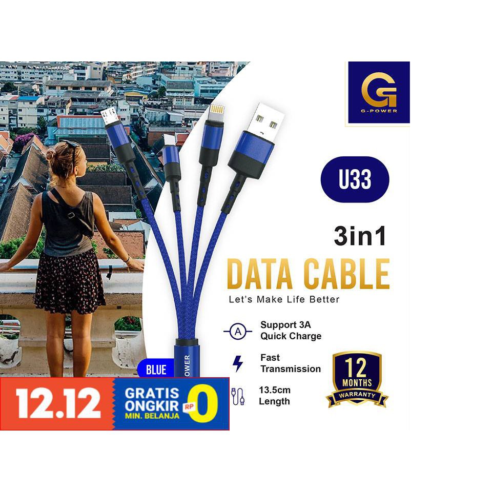 GPOWER DATA CABLE U33 3in 1 ( MICRO,TYPE C, LIGHTNING) With Support 3A Quick Charge