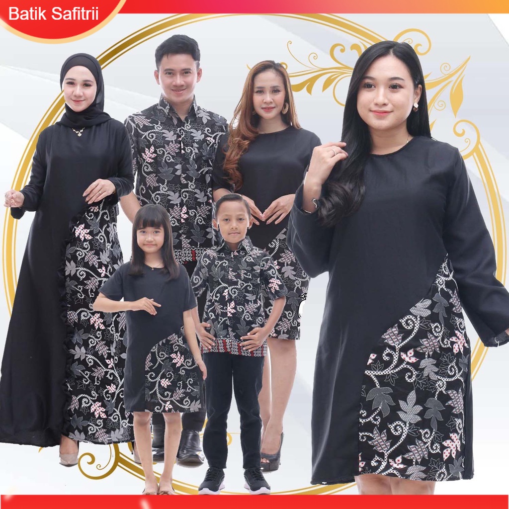 Couple Keluarga - Batik Keluarga Muslim Kombinasi - Ibu Bapak Anak - Motif Moscrep Hitam - Dress Tun