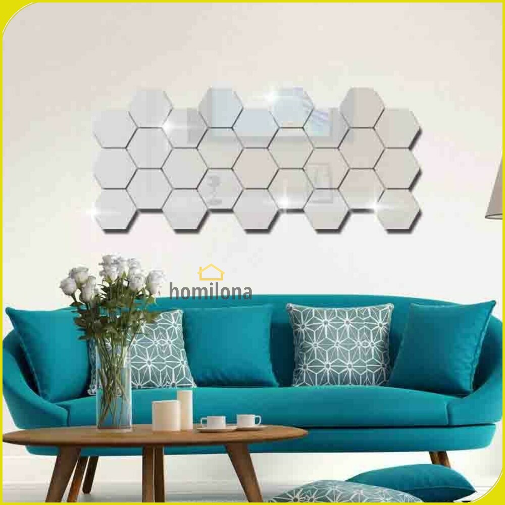 Stiker Dekorasi Dinding Cermin Sticker Hexagon Mirror Acrylic 7 PCS Silver Gold