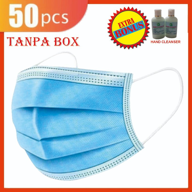 Masker 3 Ply Isi 50pcs 3Ply Masker Earloop Bonus Hand Sanitizer No BOX