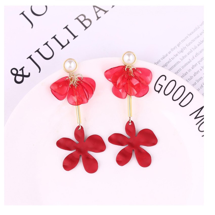 LRC Anting Tusuk Fashion Flower Resin Pearl Tassel Long Earrings D96496