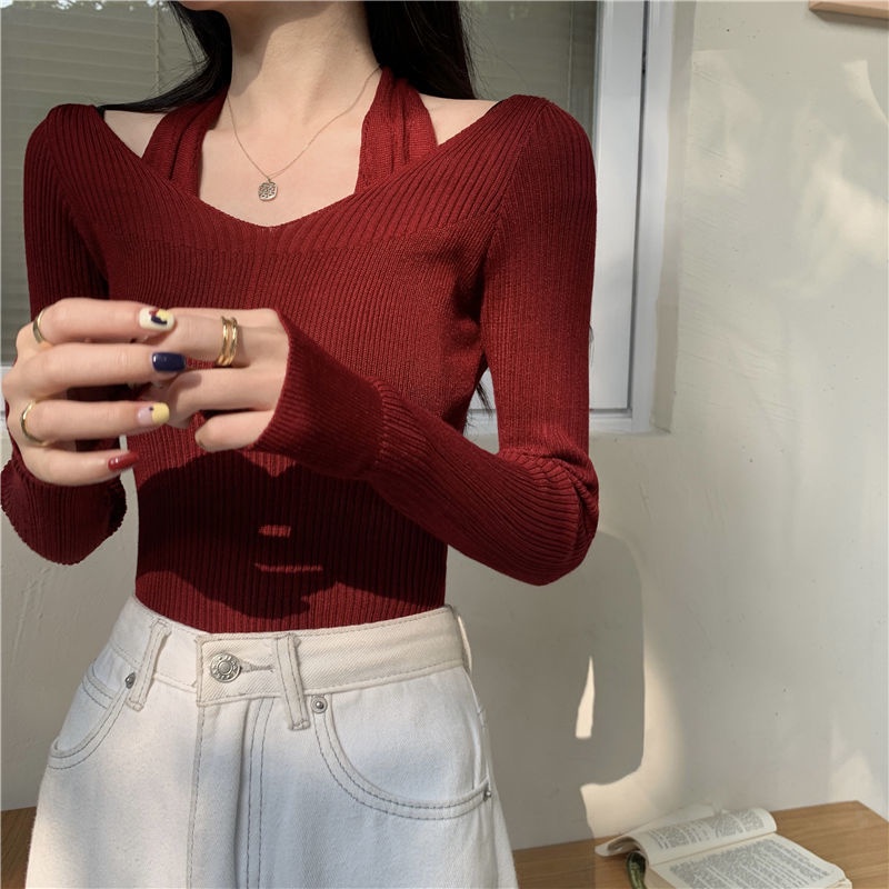 Suhao Kalung V-neck Knitwear Pakaian Wanita Musim Semi dan Musim Panas Versi Korea Baru Slim Fit Legging Knitwear Lengan Panjang Atasan