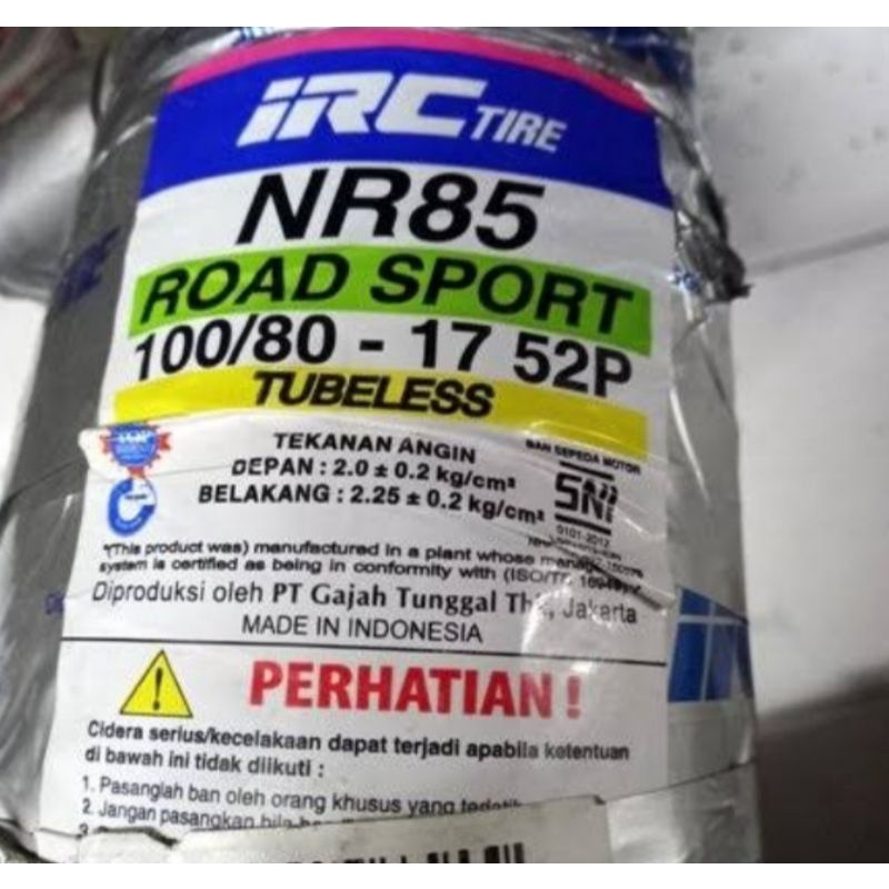 BAN LUAR 100/80-17 IRC NR85 TUBLES 100 80 RING 17 TL