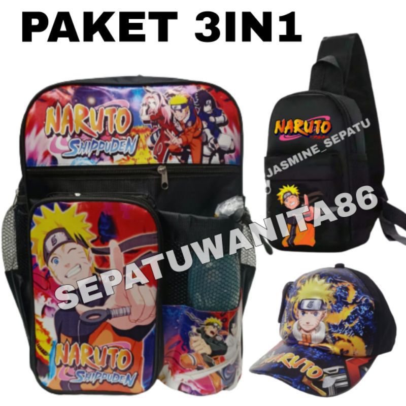 tas ransel anak sekolah laki laki karakter Naruto/gratis topi dan botol