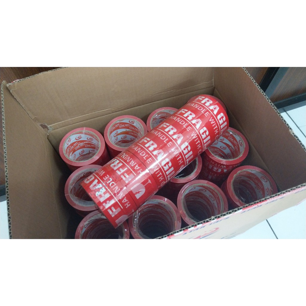 Lakban Fragile STAR TAPE Jangan Dibanting Merah/Putih 48mmX50Meter