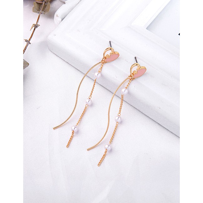 LRC Anting Tusuk Fashion Love Earrings Love Pearl Tassel Earrings D17348