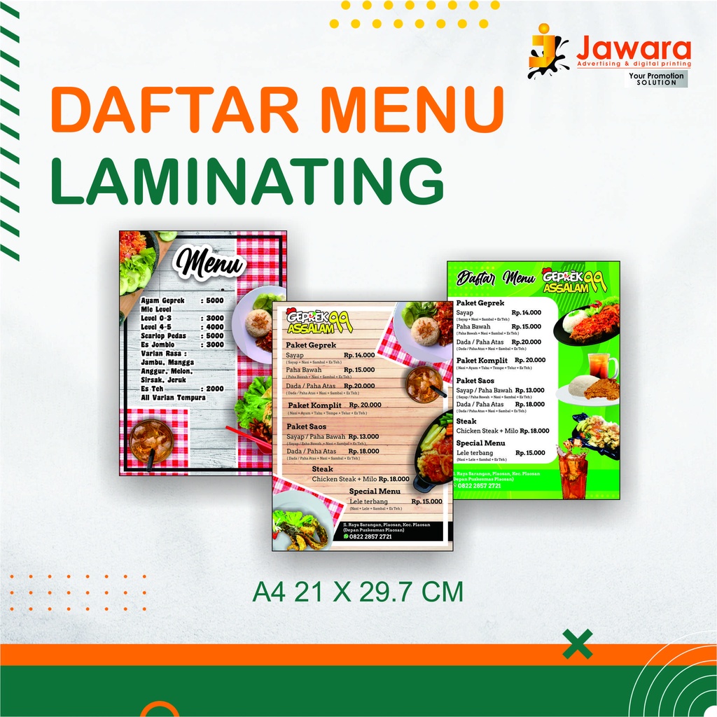 

CETAK DAFTAR MENU A4 DAN A3 LAMINATING MURAH PONOROGO,MAGETAN,NGAWI,MADIUN,TULUNGAGUNG,PACITAN, JAWARA PRINT