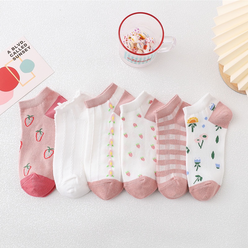 MoonLand Kaos Kaki Wanita Fashion Motif Strawberry Bunga Kaoskaki Pendek Korea Sock Import 193