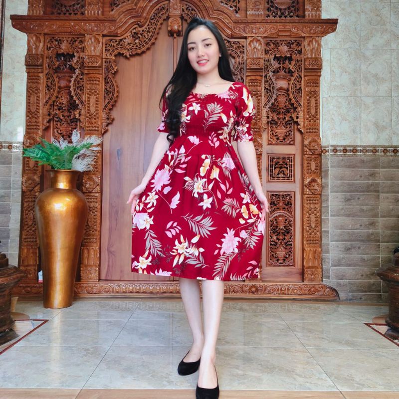 Dress Sabrina lili kerut motif bunga klasik rayon super