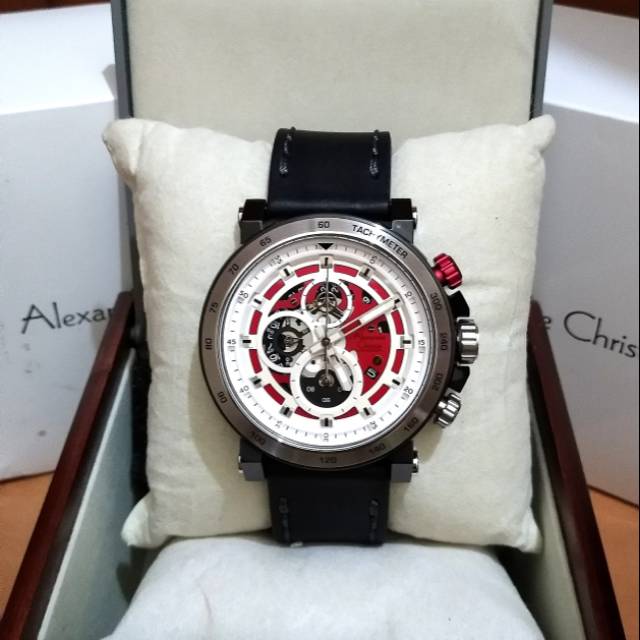 Jam tangan pria alexandre christie Ac 6429 silver plat white red original