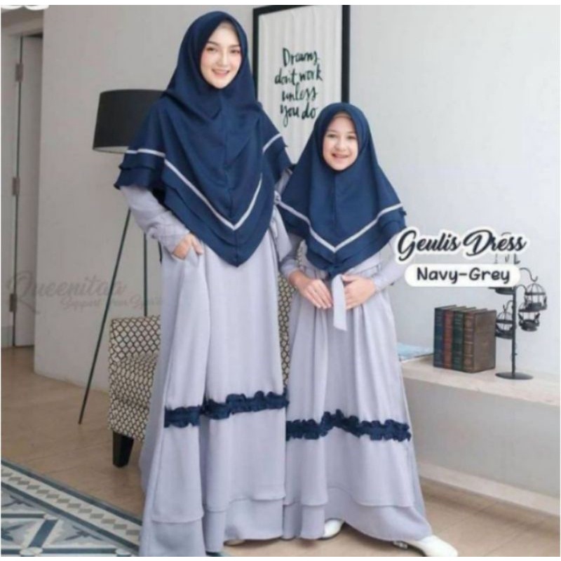 setelan sarimbit lebaran geulis kasep/gamis syar'i Khimar ibu dan anak/Koko couple ayah