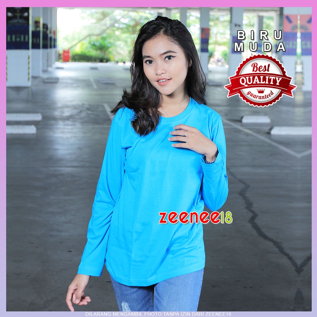 Kaos Wanita Lengan Panjang Polos Katun Biru Muda