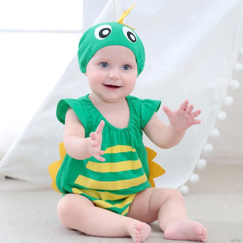 Jumpsuit Katun Bayi Laki Laki Perempuan Tanpa Lengan Lucu Gambar Hewan Topi