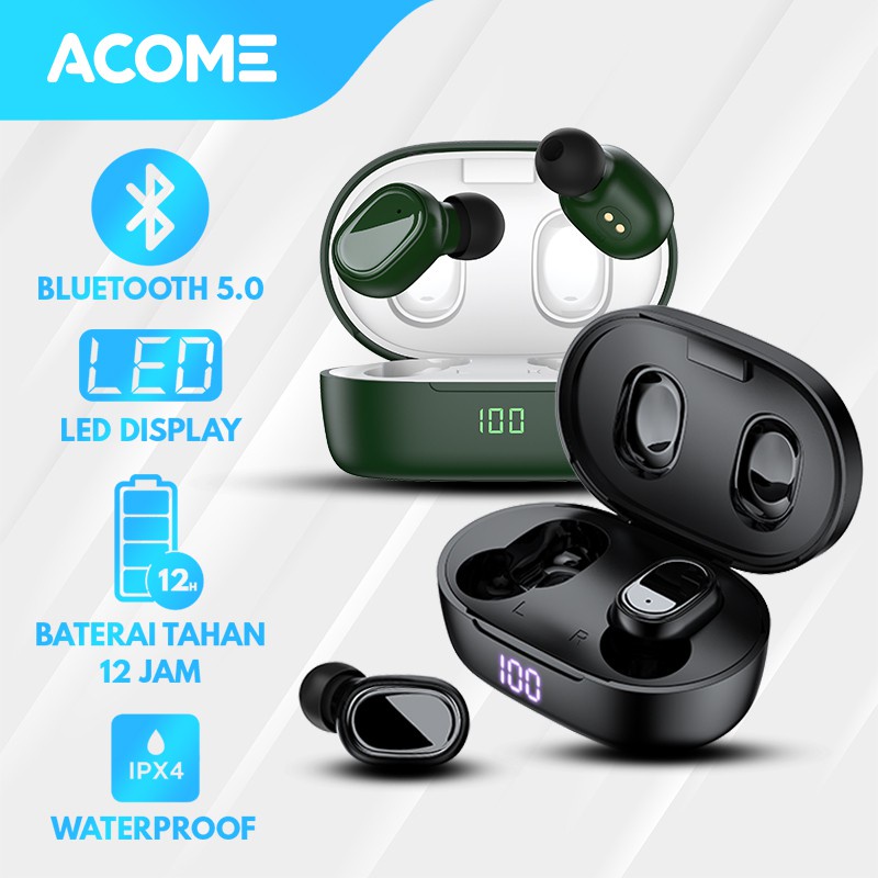 Acome Headset Earphone Bluetooth 5.0 TWS LED Garansi Resmi 1 Tahun Airdots T1