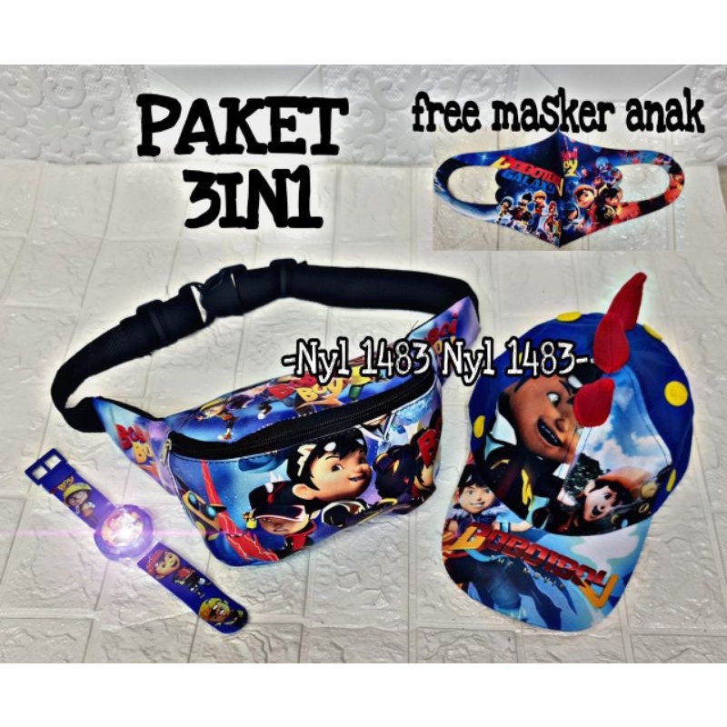 PAKET MURAH 3IN1 TAS SELEMPANG WAISTBAG ANAK KARAKTER KARTUN FREE JAM DAN TOPI ANAK ( REAL PICT)