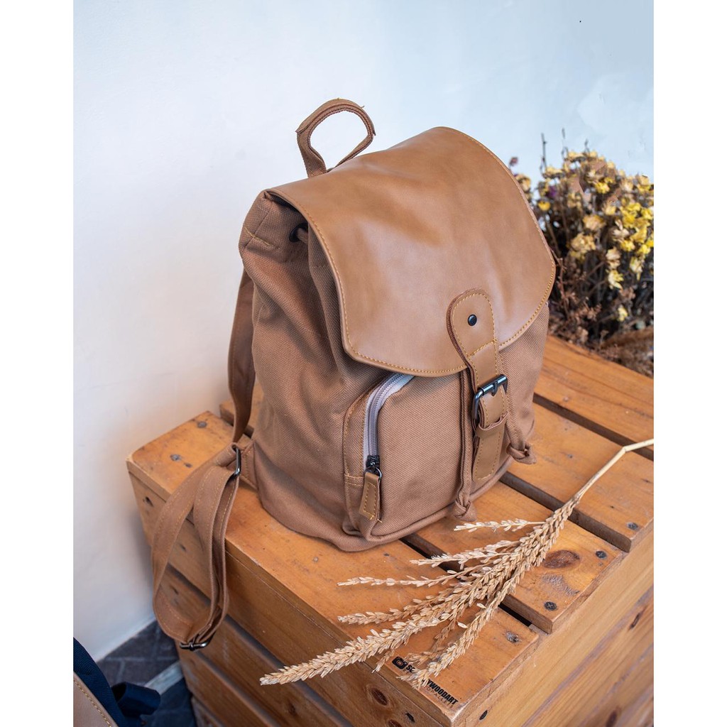Tas Ransel Korea Kanvas Kulit Heejou Rashty Tan