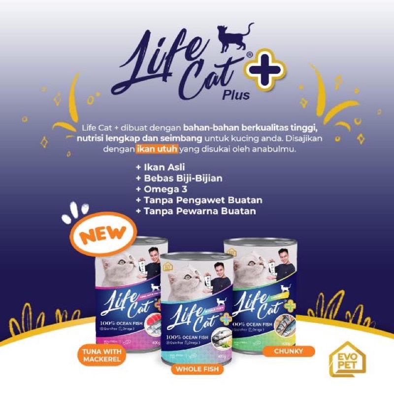 LIFE CAT PLUS Makanan Kaleng Kucing 400gr dengan Omega3 dan Potongan Ikan