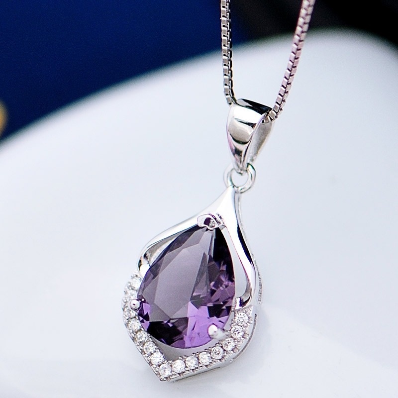 [Ready Stock]Fashion Plated 925 Silver Necklace Amethyst Pendant