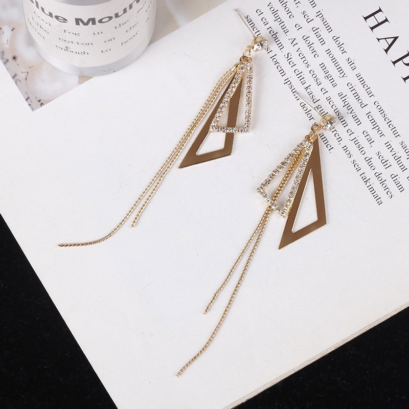 Anting Stud 925 Silver Needle Model Rumbai Panjang Bentuk Segitiga Bahan Zirkon Gaya Korea