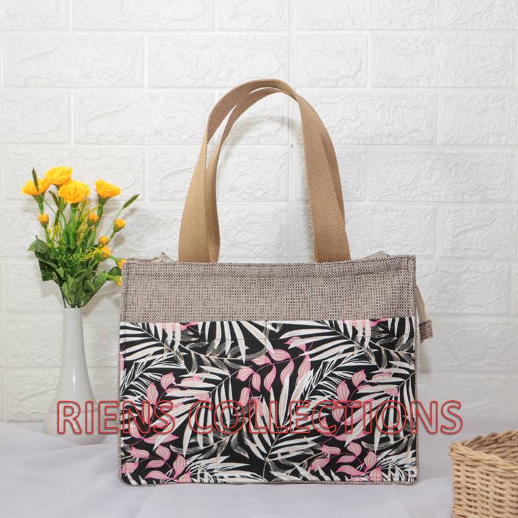 RIENS COLLECTIONS. TAS GONI WANITA KOMBINASI KANVAS MOTIF FLORAL PALM HITAM