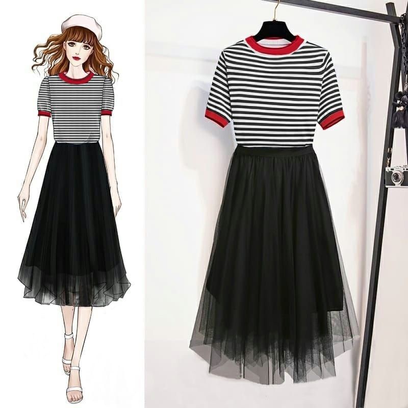 SET TULLE STRIPE Bahan spandek salur ld 96cm pj 58cm