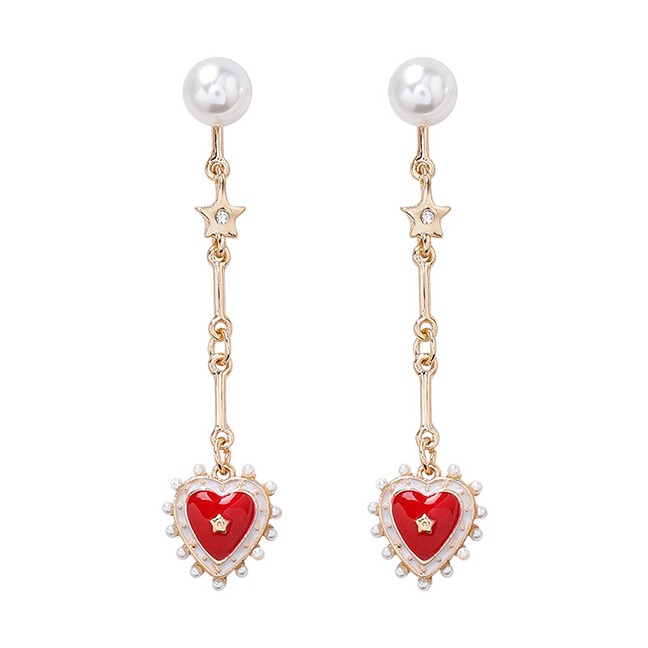 LRC Anting Tusuk Fashion Red 925 Silver Needle Pearl Rhinestone Love Earrings D28186