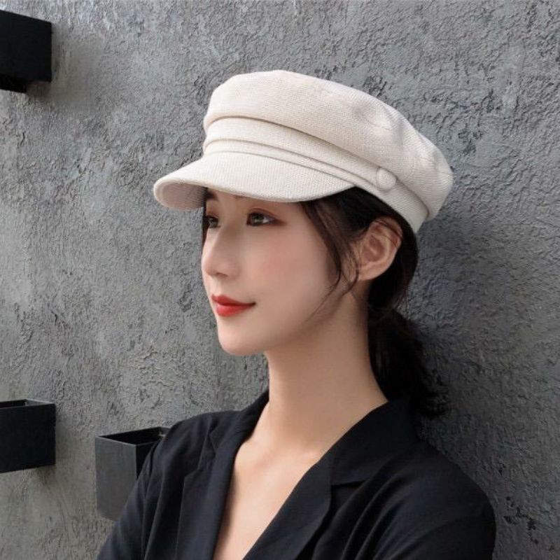 Topi Baret Beret Oktagonal Bahan Katun Gaya Korea Retro untuk Wanita