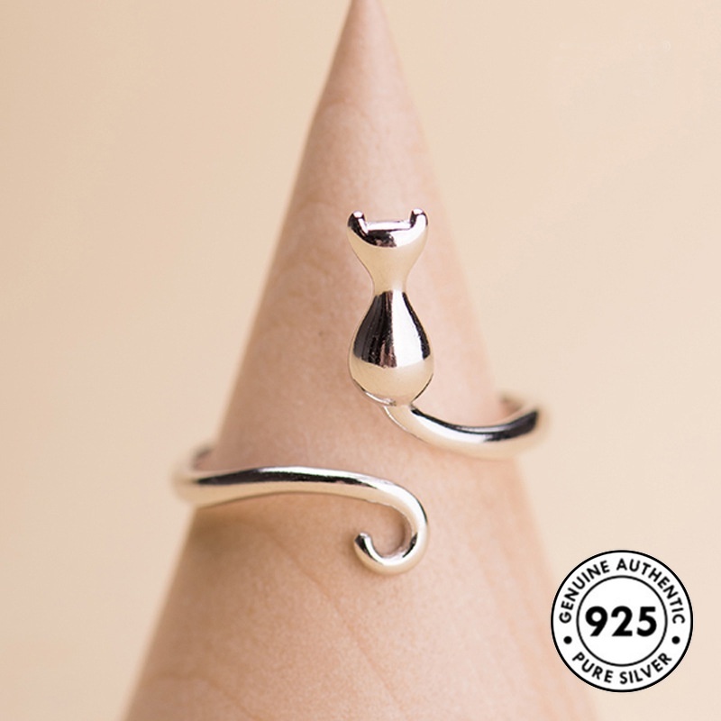 Cincin Sterling Silver 925 Desain Kucing Artistik Lucu Untuk Wanita